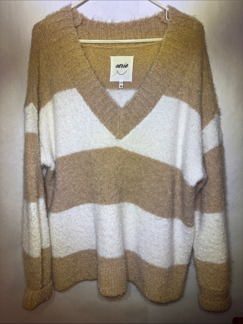 aerie Cream and Tan Striped V-Neck Plush Sweater